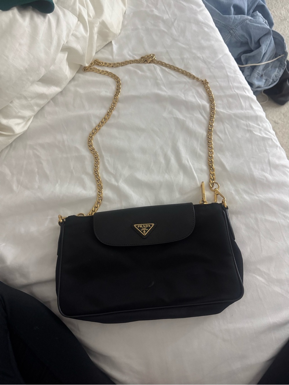 Prada Black Nylon Crossbody Bag with Gold Chain